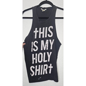 Forever 21 Womens Tank Top Medium Black Distressed Muscle This Is My Holy Shirt